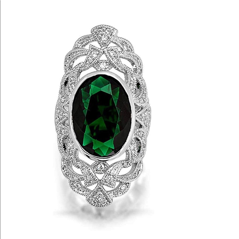 Lab Created Emerald & CZ Statement Ring - Picture 2 of 10